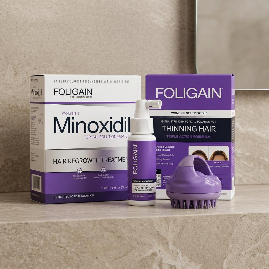 FOLIGAIN women's minoxidil, TRIOXIDIL cosmetic formula and purple scalp massager arranged on a neutral stone bathroom shelf.