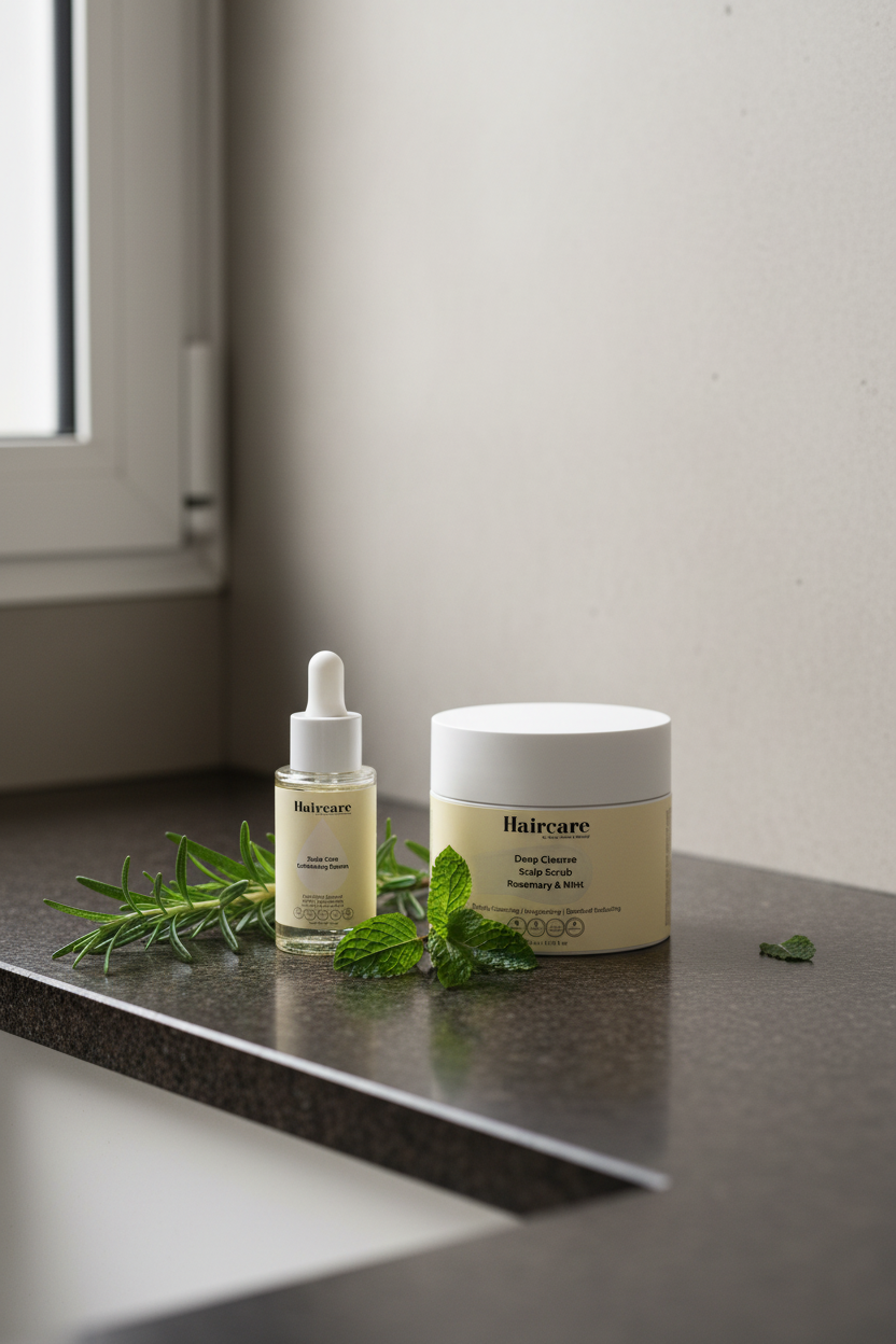 Scalp Care Exfoliating Serum and Deep Cleanse Scalp Scrub Rosemary & Mint on a dark stone bathroom counter with fresh rosemary sprigs — dual-action scalp exfoliation bundle by Daily Health & Beauty