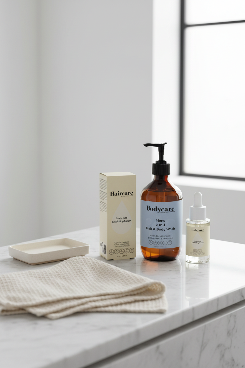 Scalp Care Exfoliating Serum and Mens 2-In-1 Hair & Body Wash on a stone bathroom counter beside a ceramic dish and linen towel — men's scalp renewal and daily cleansing bundle by Daily Health & Beauty