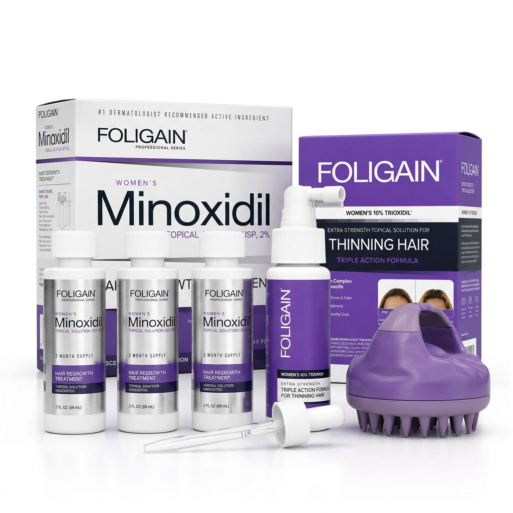 FOLIGAIN women's bundle contents with three minoxidil bottles, dropper, TRIOXIDIL spray bottle, both cartons and purple scalp massager.