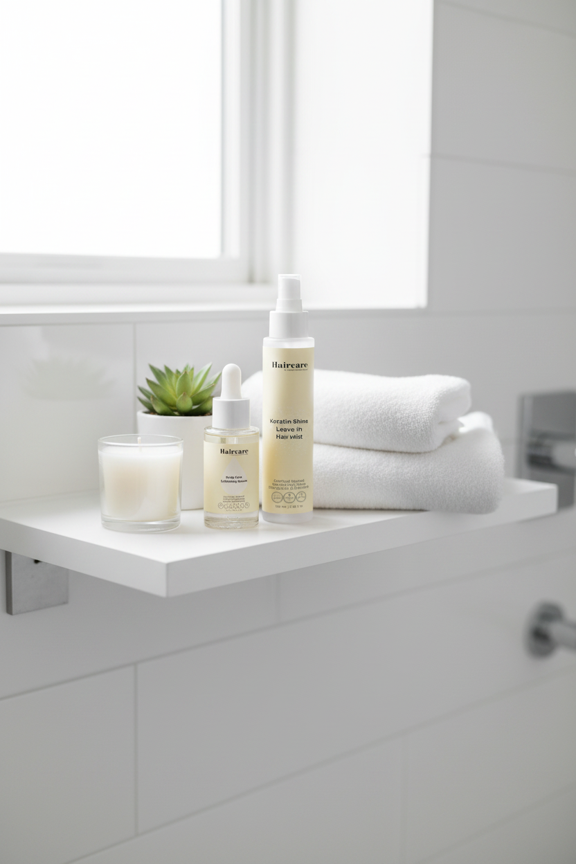 Scalp Care Exfoliating Serum and Keratin Shine Leave-In Hair Mist styled on white floating bathroom shelves with a candle, succulent and towels — premium scalp and shine bundle by Daily Health & Beauty