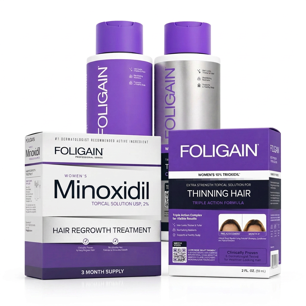 FOLIGAIN women's complete hair care bundle with shampoo and conditioner behind closed minoxidil and TRIOXIDIL cartons.