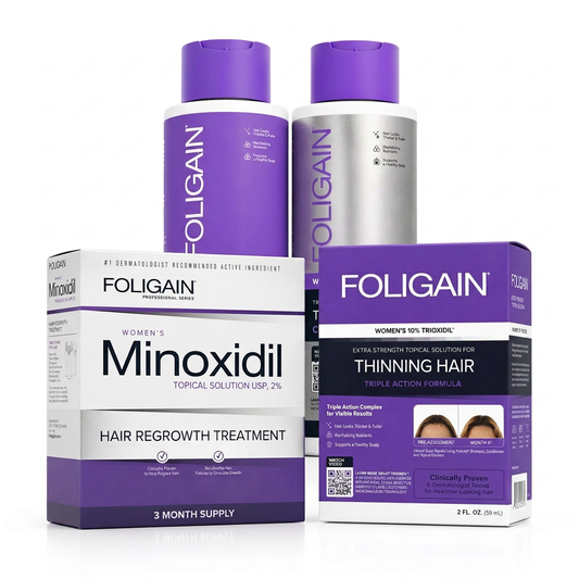 FOLIGAIN women's complete hair care bundle with shampoo and conditioner behind closed minoxidil and TRIOXIDIL cartons.