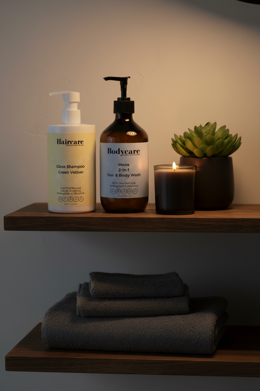 Gloss Shampoo Smoky Green Vetiver and Mens 2-in-1 Hair & Body Wash on dark wood bathroom shelving with a green plant and candle — premium gloss and grooming bundle by Daily Health & Beauty