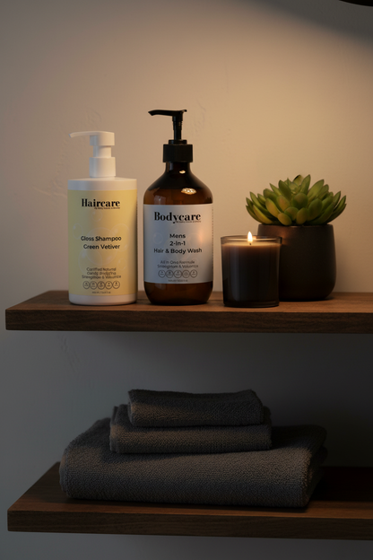 Gloss Shampoo Smoky Green Vetiver and Mens 2-in-1 Hair & Body Wash on dark wood bathroom shelving with a green plant and candle — premium gloss and grooming bundle by Daily Health & Beauty