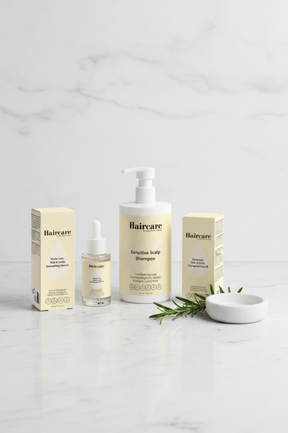 Scalp Care Exfoliating Serum, Sensitive Scalp Shampoo and Rosemary Hair & Scalp Oil arranged on a white marble counter with fresh rosemary and a ceramic dish — complete sensitive scalp care bundle by Daily Health & Beauty