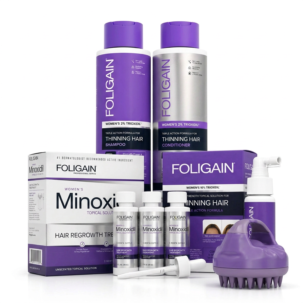 Women's FOLIGAIN bundle contents showing three minoxidil bottles, dropper, TRIOXIDIL spray bottle, shampoo, conditioner, cartons and purple massager.