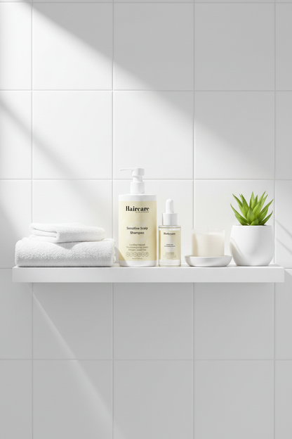 Scalp Care Exfoliating Serum and Sensitive Scalp Shampoo styled on white floating bathroom shelves with a candle, succulent and linen towels — premium sensitive scalp care bundle by Daily Health & Beauty