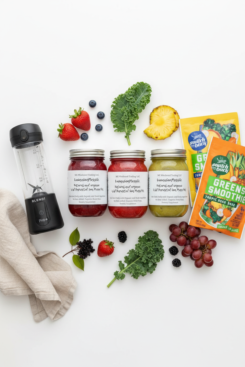 Flat lay of sea moss gel jars, BLENDi Pro+ blender bottle and Switchback Foods smoothie pouches with fresh fruit and green leaves on a white surface — sea moss blender and smoothie variety pack bundle by Daily Health & Beauty
