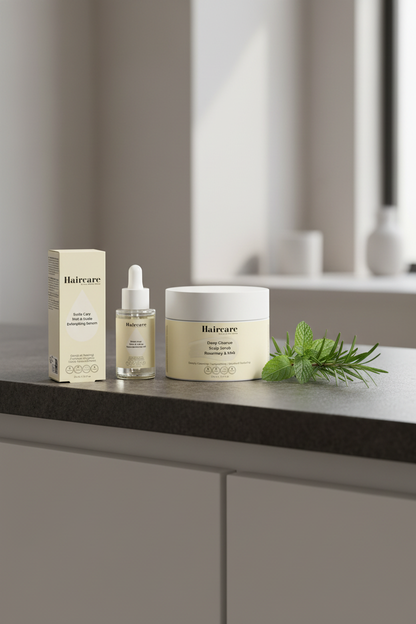 Scalp Care Exfoliating Serum, Deep Cleanse Scalp Scrub Rosemary & Mint and Rosemary Hair & Scalp Oil in a row on a dark stone counter with rosemary and mint — complete scalp exfoliation and nourishment bundle by Daily Health & Beauty