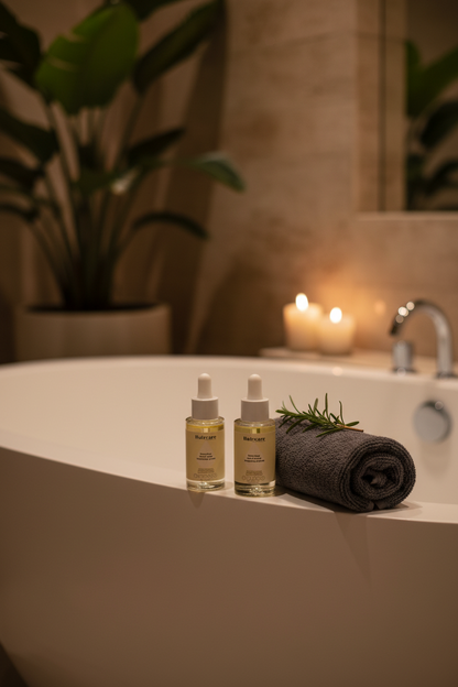 Scalp Care Exfoliating Serum and Rosemary Scalp Oil resting on the edge of a freestanding bathtub with a rolled towel and rosemary sprig — scalp health duo by Daily Health & Beauty