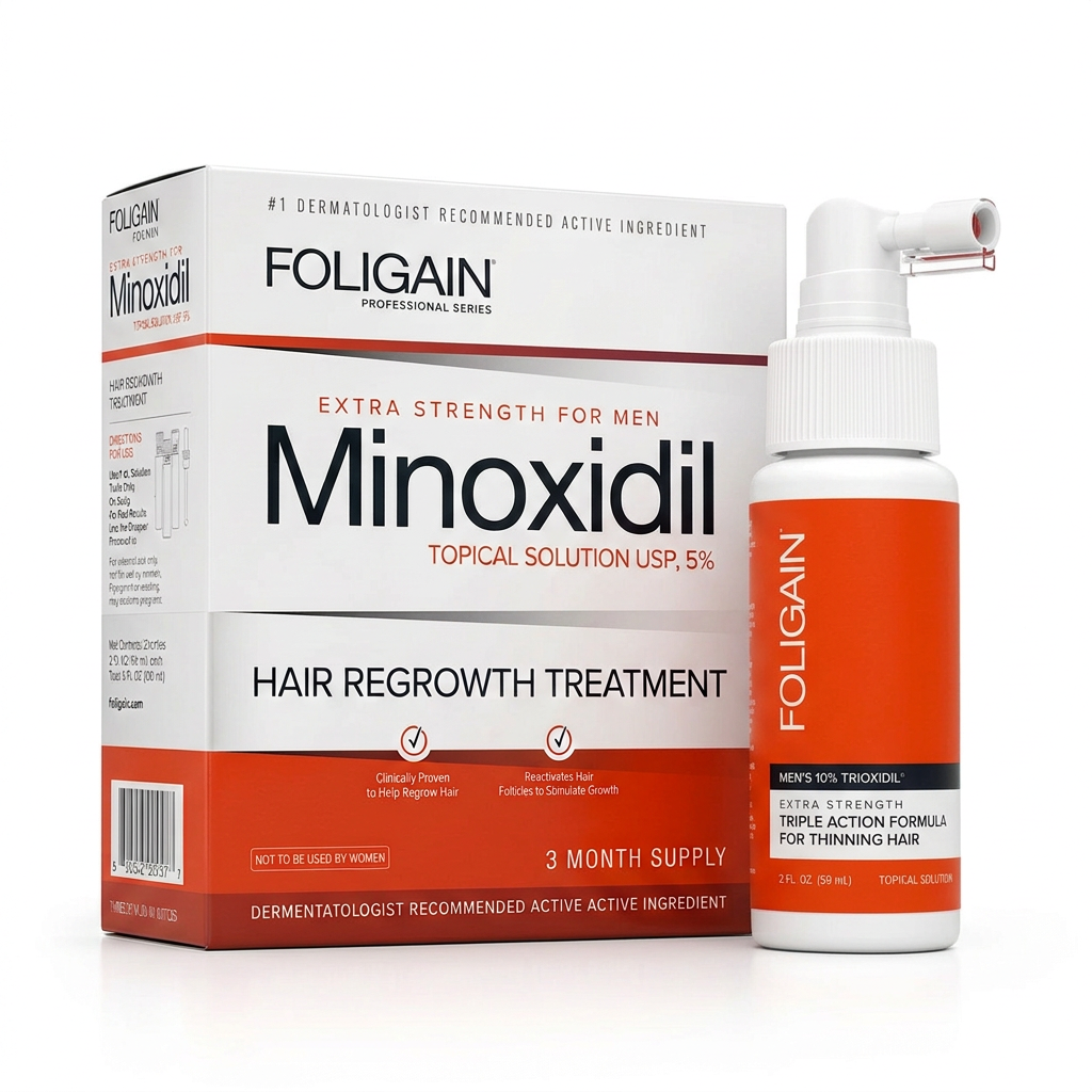 FOLIGAIN men's minoxidil 5% three-month supply carton beside a men's 10% TRIOXIDIL Complete Formula spray bottle on white.