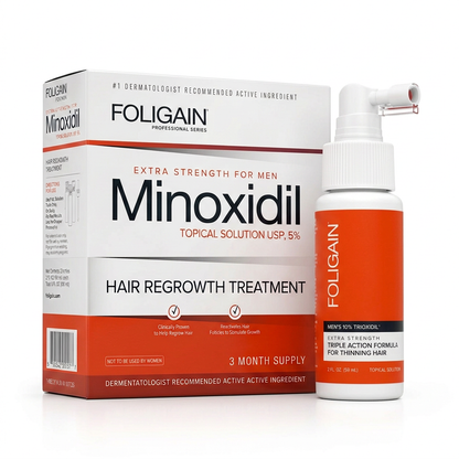FOLIGAIN men's minoxidil 5% three-month supply carton beside a men's 10% TRIOXIDIL Complete Formula spray bottle on white.
