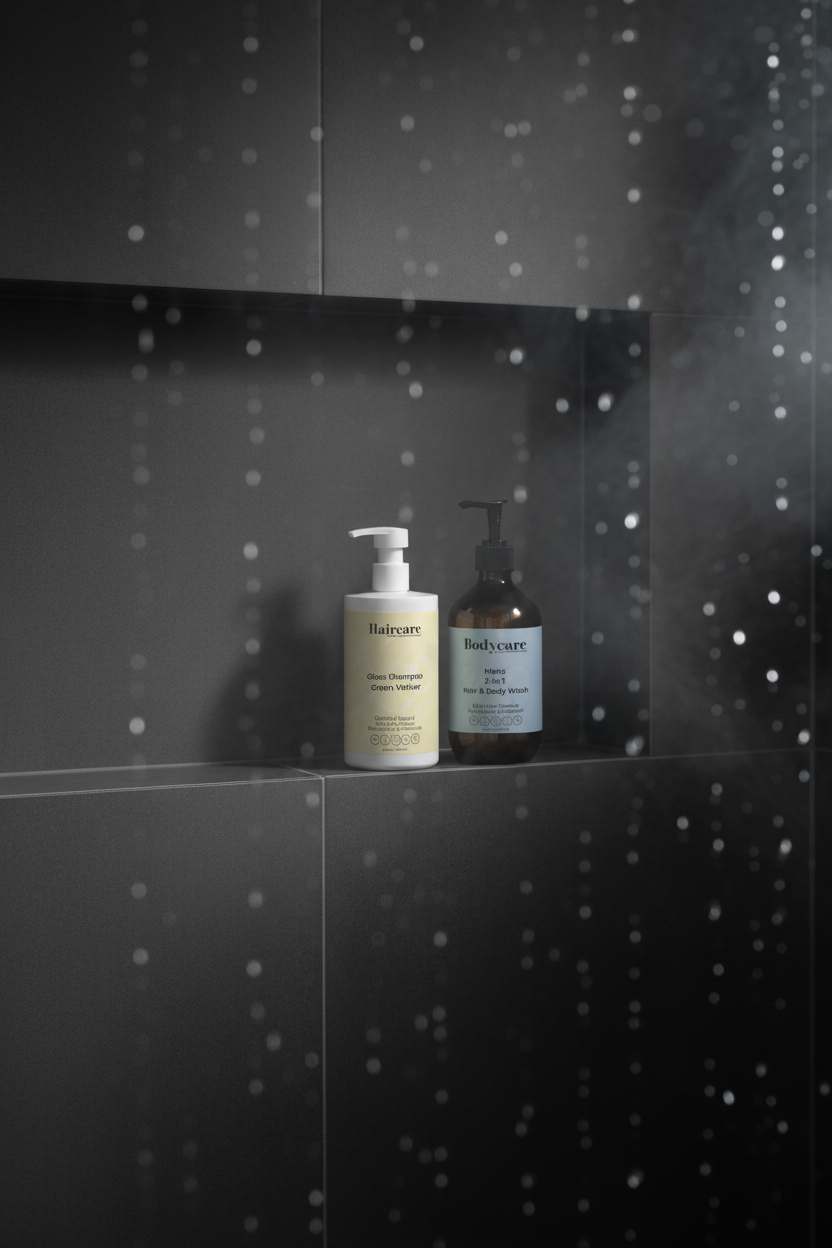 Gloss Shampoo Smoky Green Vetiver and Mens 2-in-1 Hair & Body Wash on a dark charcoal tile shower niche shelf with steam — gloss shampoo and all-in-one grooming bundle by Daily Health & Beauty