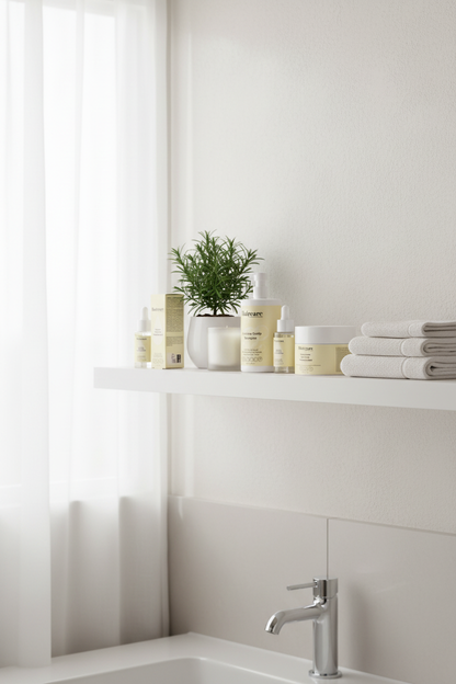 Scalp Care Exfoliating Serum, Sensitive Scalp Shampoo, Rosemary Oil and Scalp Scrub styled on white floating bathroom shelves with a potted rosemary plant and linen towels — premium sensitive scalp care system by Daily Health & Beauty