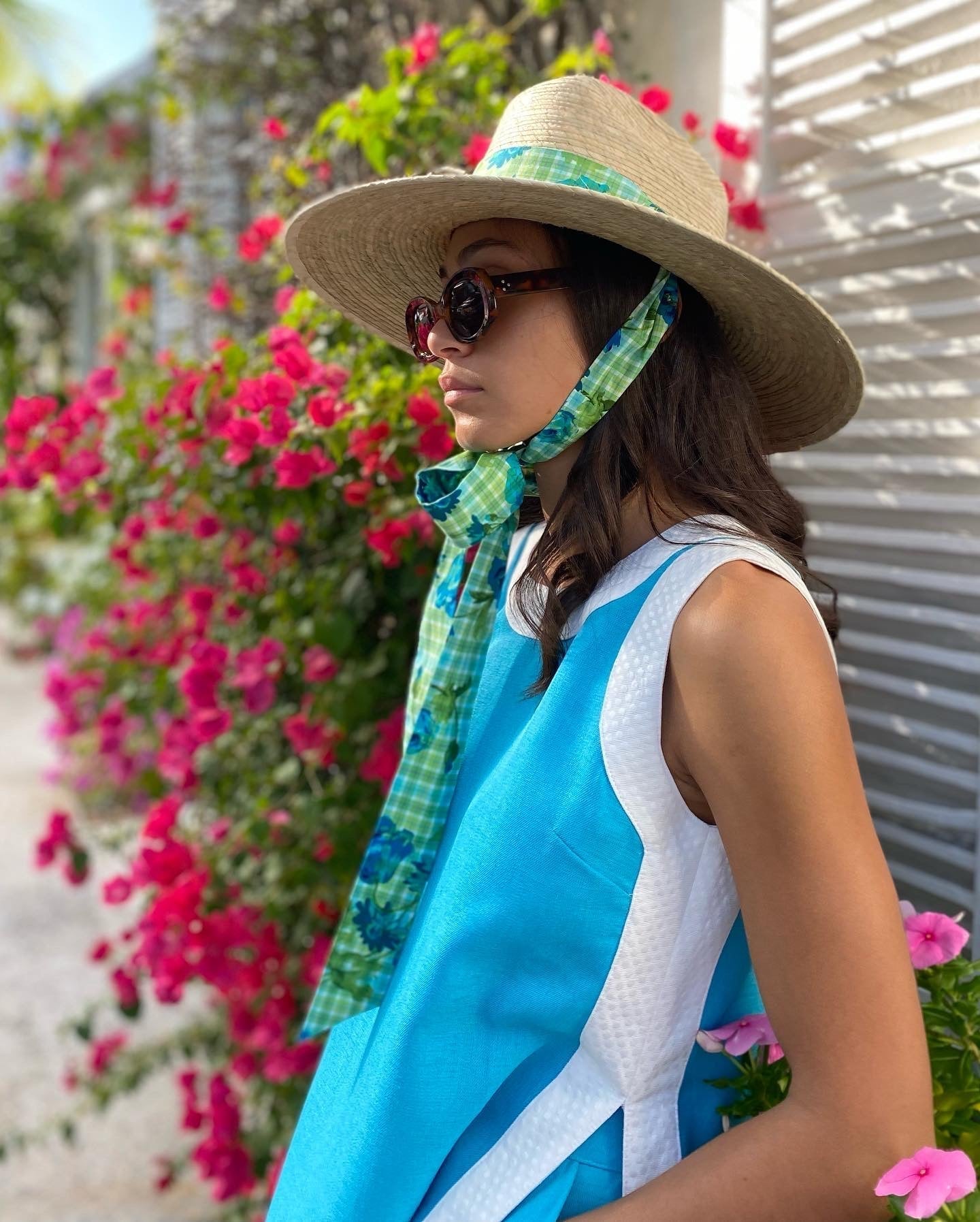 Hollyhock Sun Hat - Long & Thin Blue Gingham Ribbon with Wood Nautical Toggle