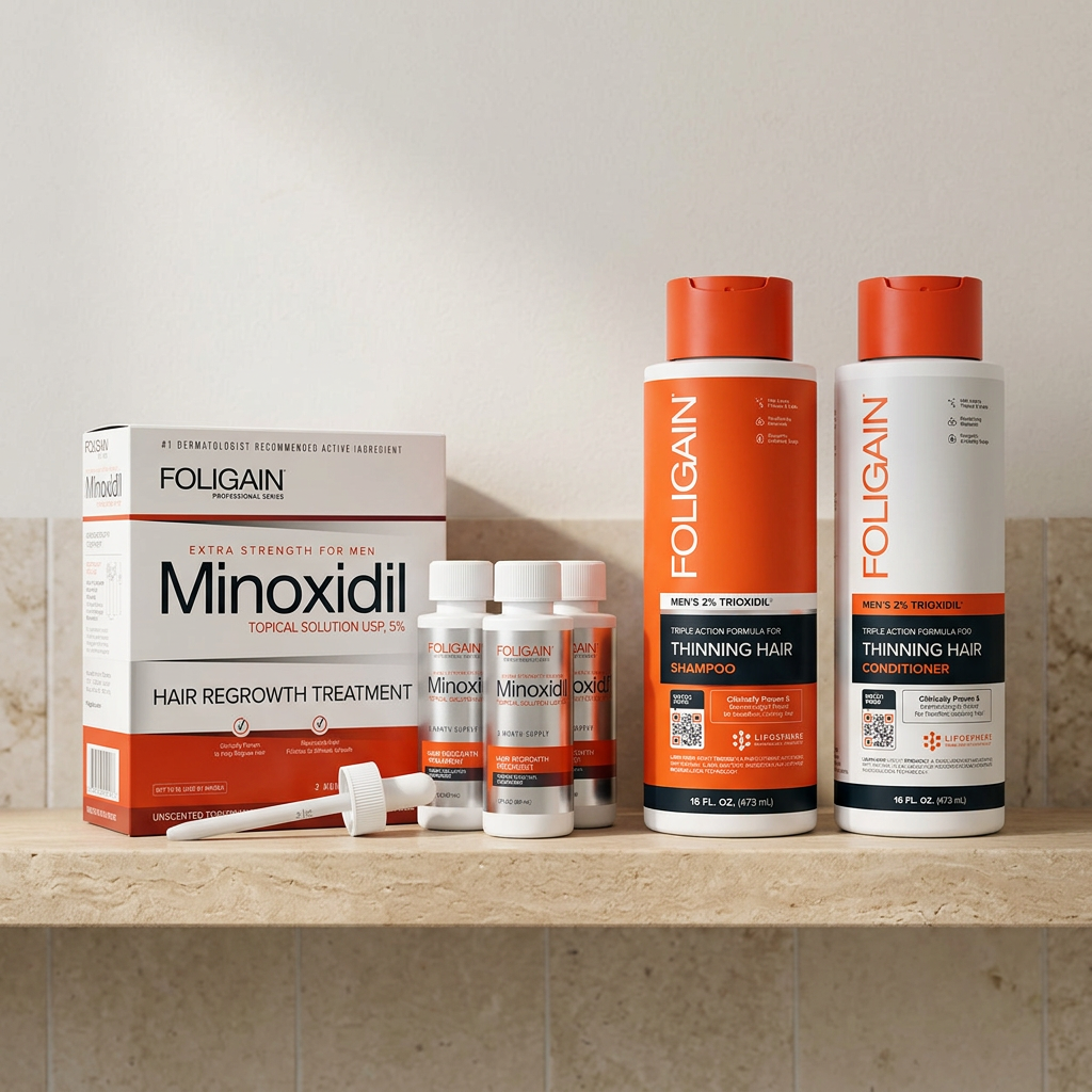 FOLIGAIN men's 5% minoxidil three-month pack with 473ml TRIOXIDIL shampoo and conditioner arranged on a neutral bathroom shelf.