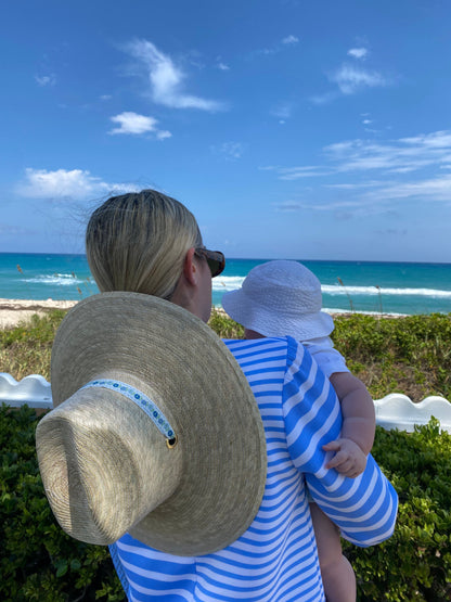 Hollyhock Sun Hat - Long & Thin Blue Gingham Ribbon with Wood Nautical Toggle