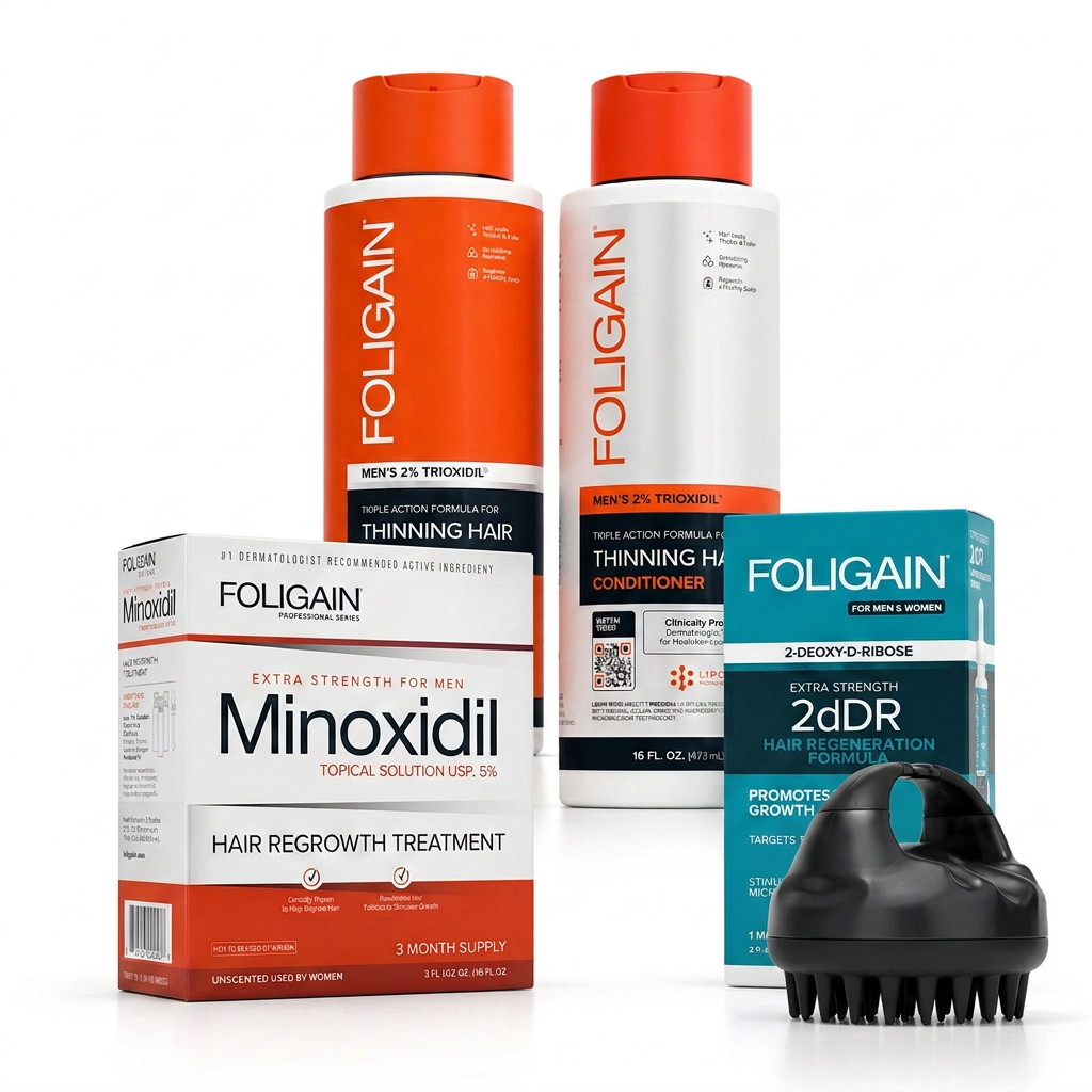 FOLIGAIN men's complete scalp care bundle with shampoo and conditioner behind minoxidil and teal 2dDR boxes, plus black silicone massager.