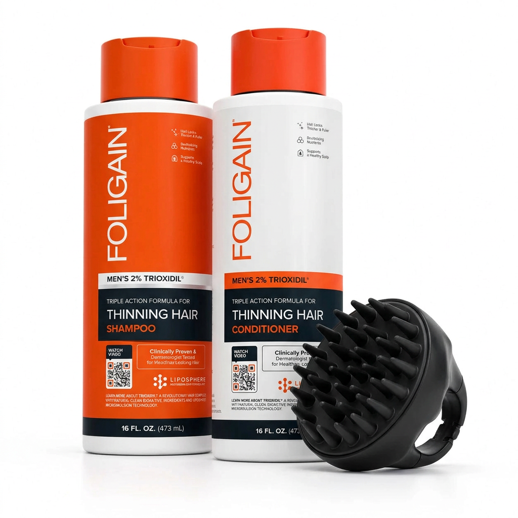 FOLIGAIN men's 473 mL shampoo and conditioner with black silicone scalp massager tilted to show its flexible bristles.