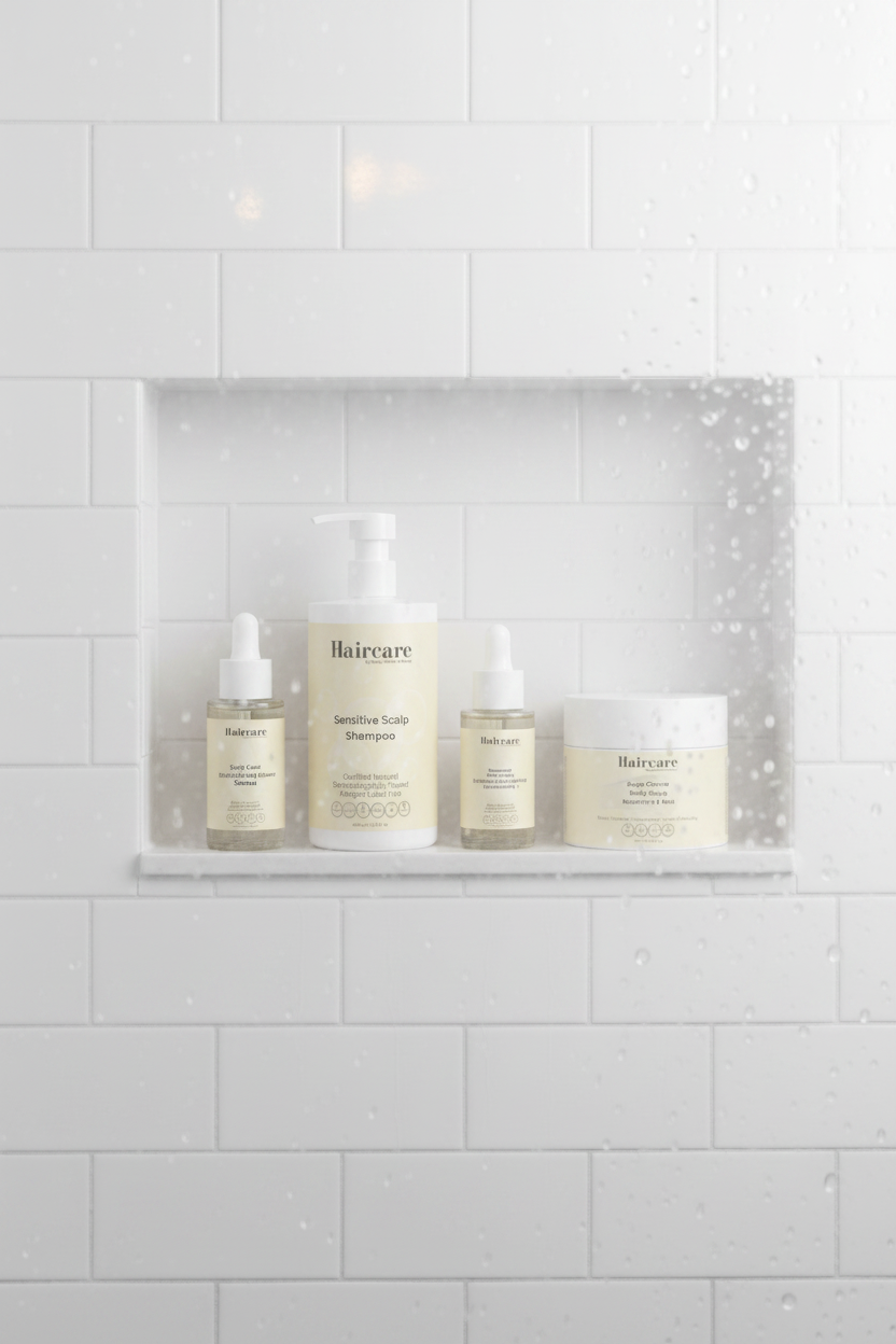 Scalp Care Exfoliating Serum, Sensitive Scalp Shampoo, Rosemary Oil and Deep Cleanse Scalp Scrub lined up on a white subway tile shower niche shelf — 4-product scalp health bundle by Daily Health & Beauty