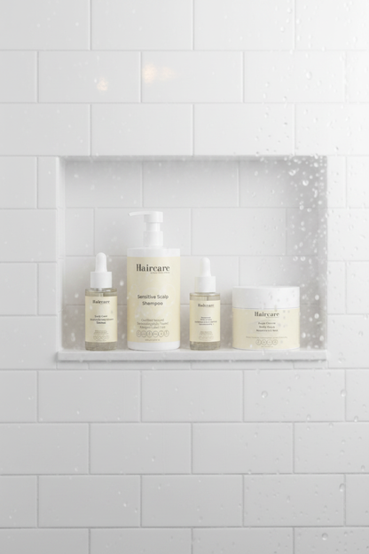 Scalp Care Exfoliating Serum, Sensitive Scalp Shampoo, Rosemary Oil and Deep Cleanse Scalp Scrub lined up on a white subway tile shower niche shelf — 4-product scalp health bundle by Daily Health & Beauty