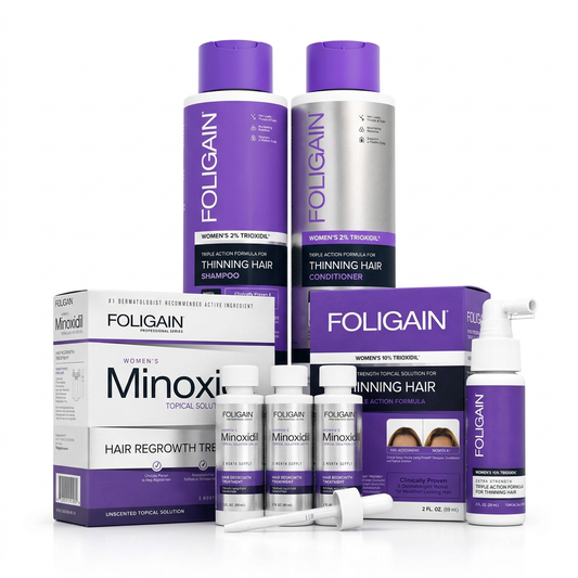 Women's FOLIGAIN bundle contents showing three minoxidil bottles, dropper, TRIOXIDIL spray bottle, shampoo, conditioner and treatment cartons.