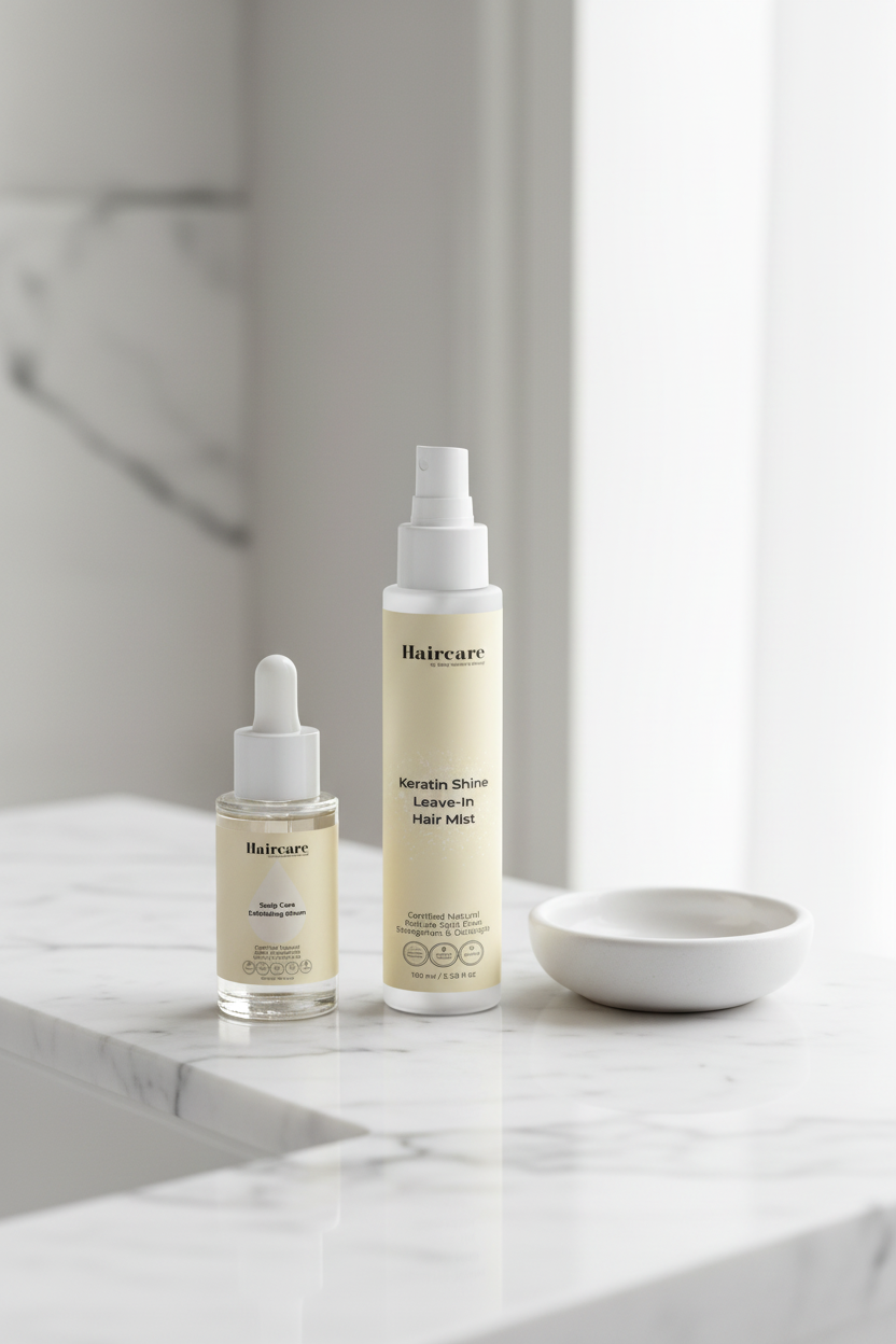 Scalp Care Exfoliating Serum and Keratin Shine Leave-In Hair Mist spray bottle side by side on a white marble counter — scalp exfoliation and keratin shine bundle by Daily Health & Beauty