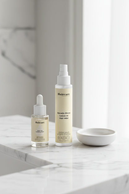 Scalp Care Exfoliating Serum and Keratin Shine Leave-In Hair Mist spray bottle side by side on a white marble counter — scalp exfoliation and keratin shine bundle by Daily Health & Beauty