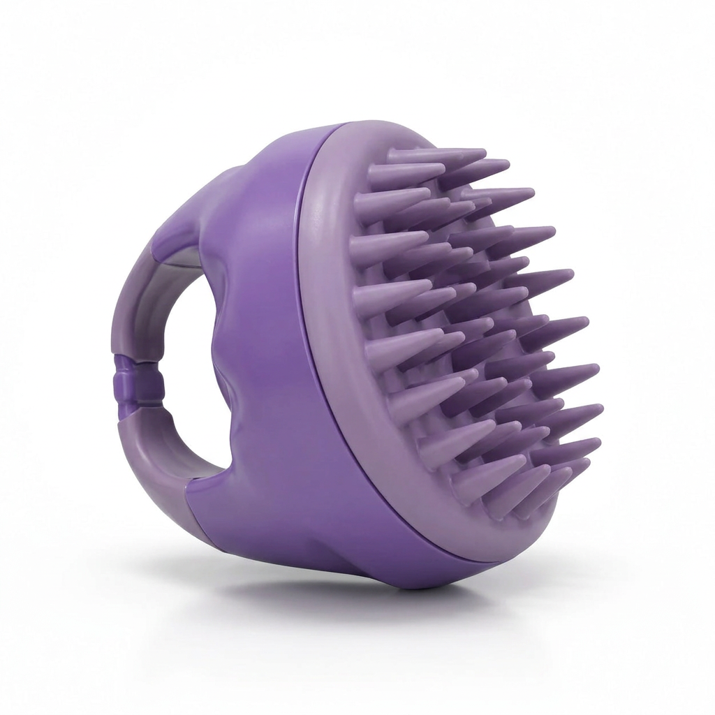 Close-up of purple silicone scalp massager showing flexible bristles and finger grip.