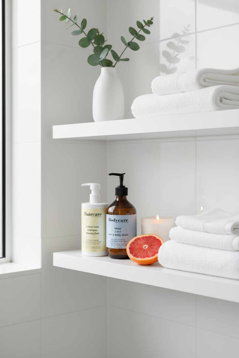 Colour Care Shampoo and Mens 2-in-1 Hair & Body Wash styled on white floating bathroom shelves with grapefruit, candle and towels — colour care and grooming bundle by Daily Health & Beauty