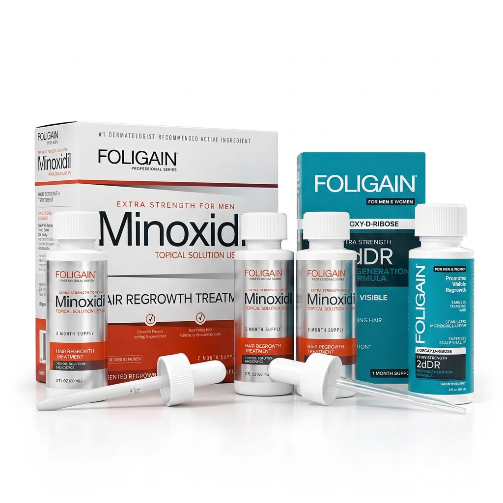 FOLIGAIN men's minoxidil and 2dDR duo with three minoxidil bottles, one teal serum bottle, both cartons and two droppers.