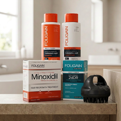 FOLIGAIN men's shampoo, conditioner, boxed minoxidil, teal 2dDR serum carton and black massager on a neutral bathroom shelf.