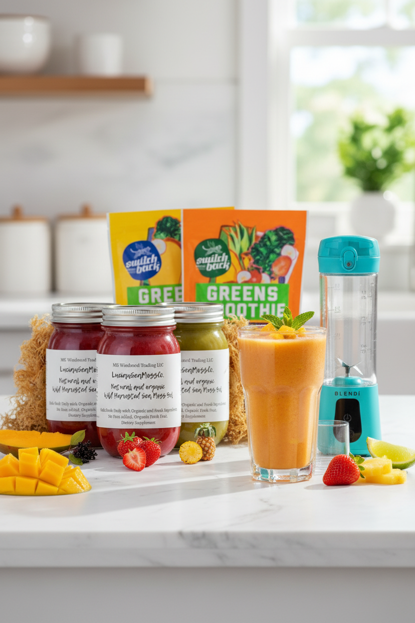 Sea moss gel jars, BLENDi Pro+ blender and Switchback Foods smoothie pouches on a white marble counter with a tropical smoothie and fresh fruit — complete wellness bundle by Daily Health & Beauty