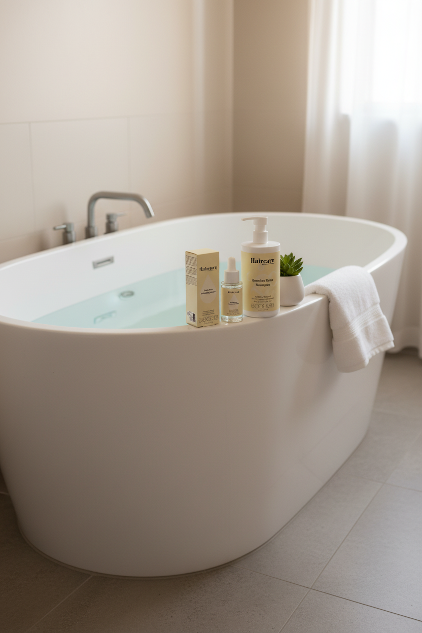 Scalp Care Exfoliating Serum and Sensitive Scalp Shampoo resting on the edge of a freestanding oval bathtub with a towel and plant — sensitive scalp care bundle by Daily Health & Beauty