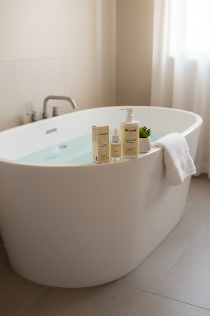 Scalp Care Exfoliating Serum and Sensitive Scalp Shampoo resting on the edge of a freestanding oval bathtub with a towel and plant — sensitive scalp care bundle by Daily Health & Beauty