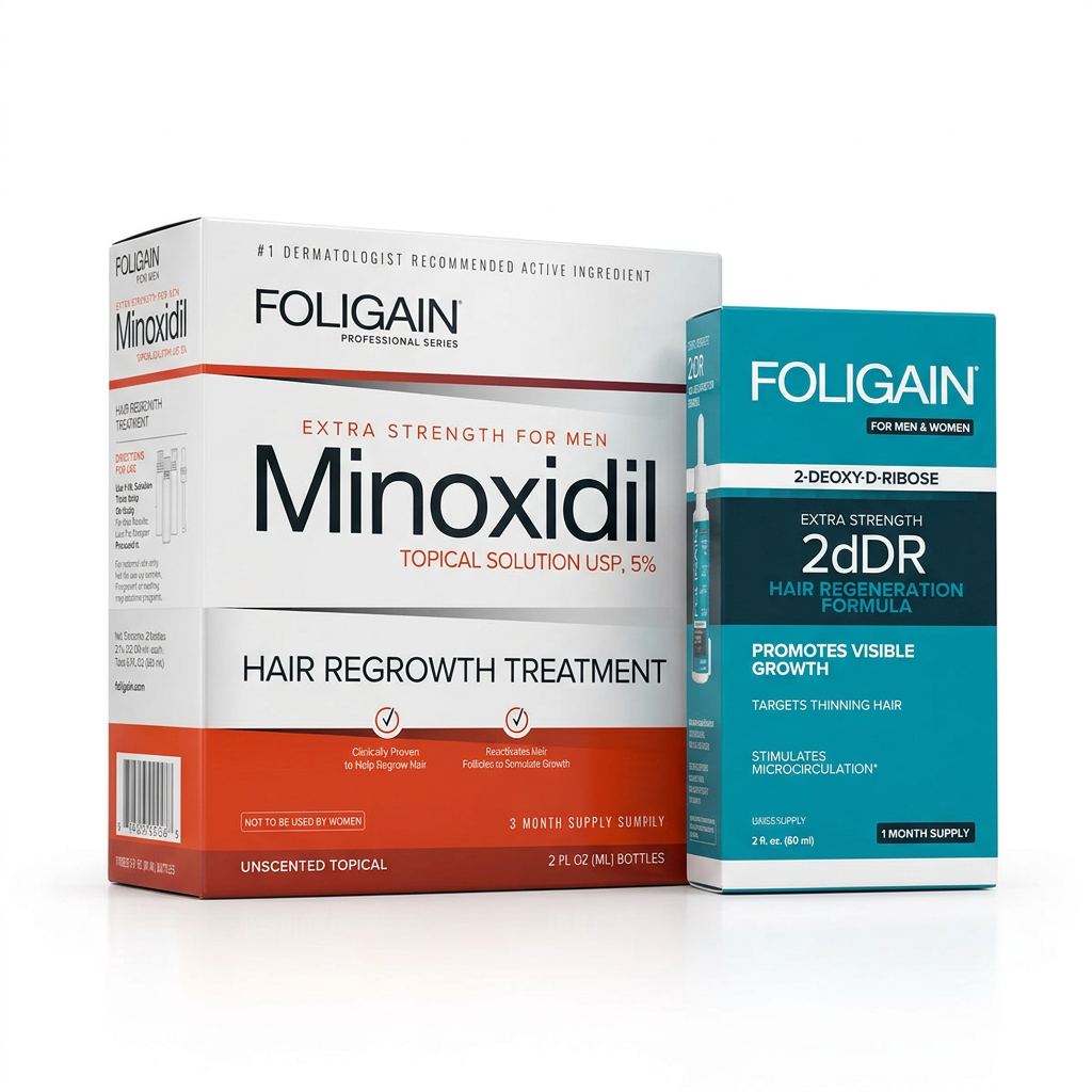 Closed FOLIGAIN men's 5% minoxidil three-month carton beside teal 2dDR Hair Regeneration Serum carton.