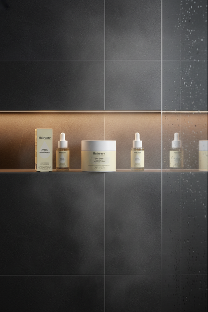 Scalp Care Exfoliating Serum, Deep Cleanse Scalp Scrub and Rosemary Scalp Oil lined up on a dark slate shower niche shelf with steam — exfoliate scrub and nourish scalp bundle by Daily Health & Beauty