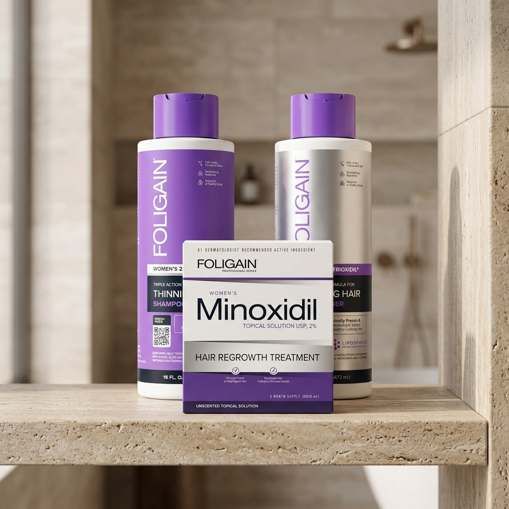 FOLIGAIN women's shampoo, conditioner and boxed 2% minoxidil arranged on a neutral stone bathroom shelf.