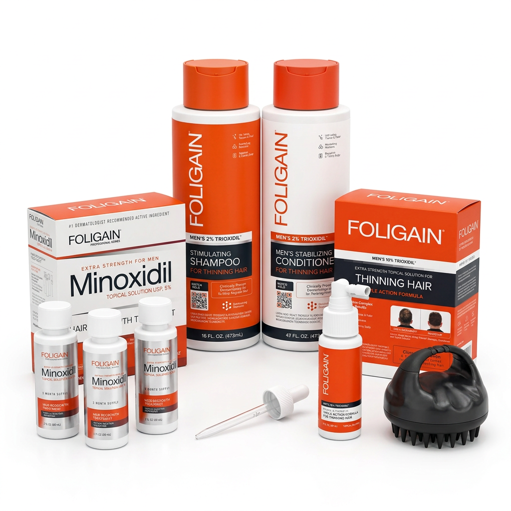 FOLIGAIN men's complete scalp care bundle with three minoxidil bottles and dropper, TRIOXIDIL spray bottle, both treatment cartons, shampoo, conditioner and black silicone scalp massager.