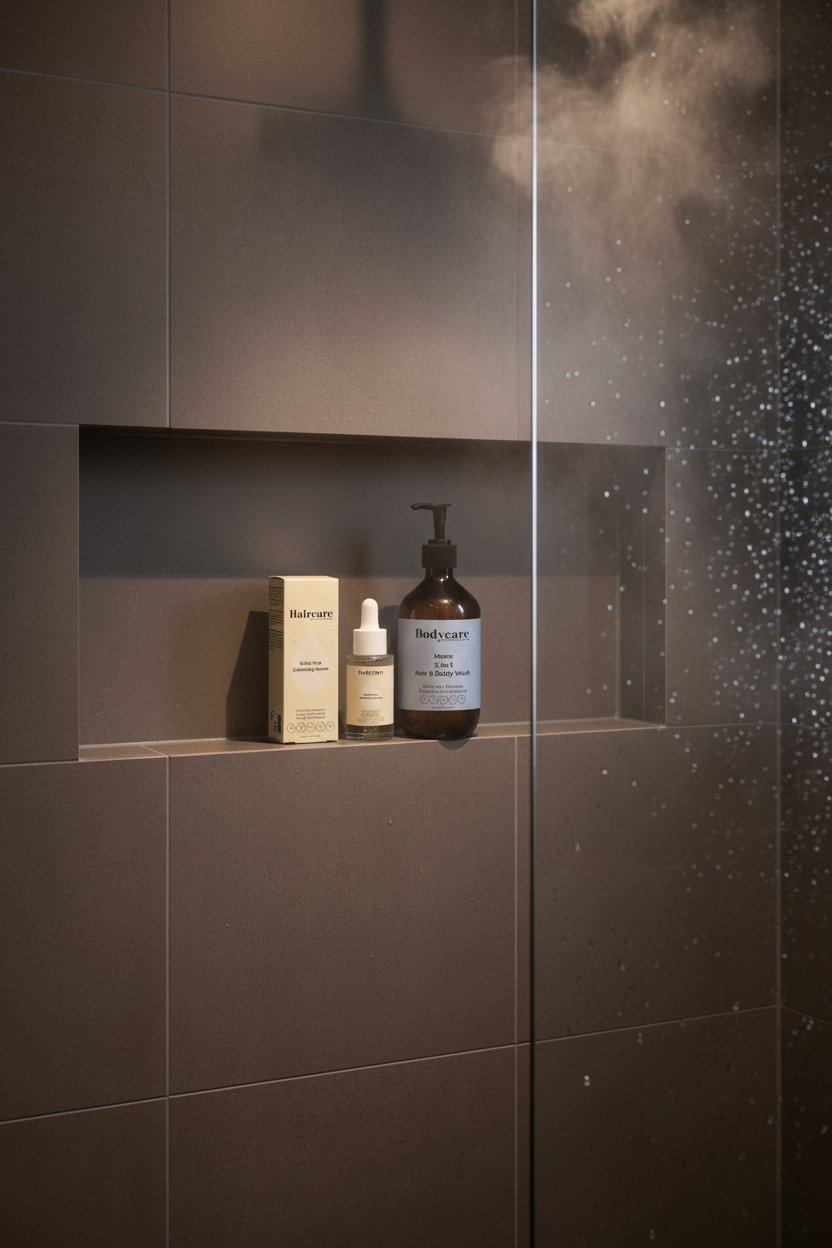 Scalp Care Exfoliating Serum and Mens 2-In-1 Hair & Body Wash on a built-in shower niche shelf in a modern walk-in shower — men's scalp exfoliation and body wash bundle by Daily Health & Beauty