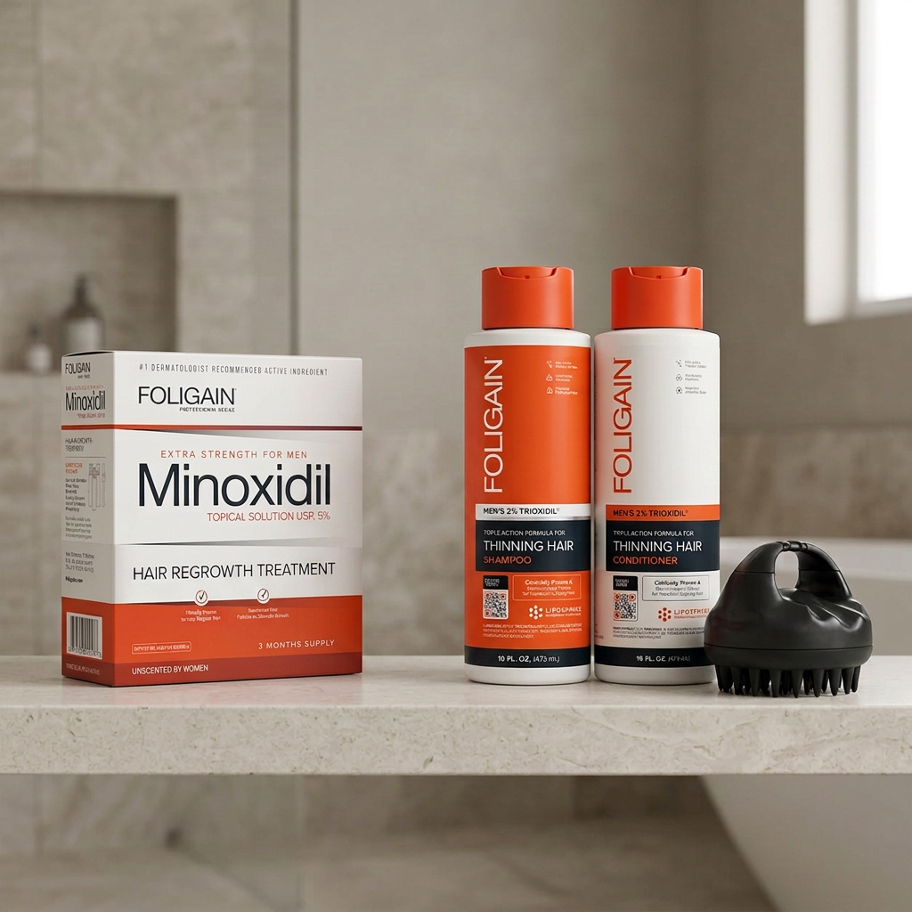 Boxed FOLIGAIN men's minoxidil three-month supply, shampoo, conditioner and black scalp massager on a neutral bathroom shelf.