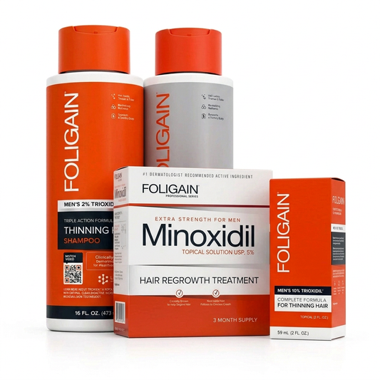 FOLIGAIN men's shampoo and conditioner bottles positioned behind closed minoxidil and TRIOXIDIL treatment boxes on a white background.
