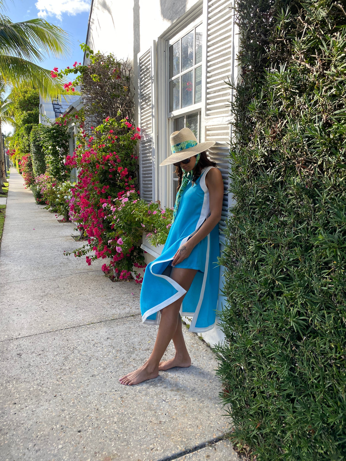 Hollyhock Sun Hat - Long & Thin Blue Gingham Ribbon with Wood Nautical Toggle
