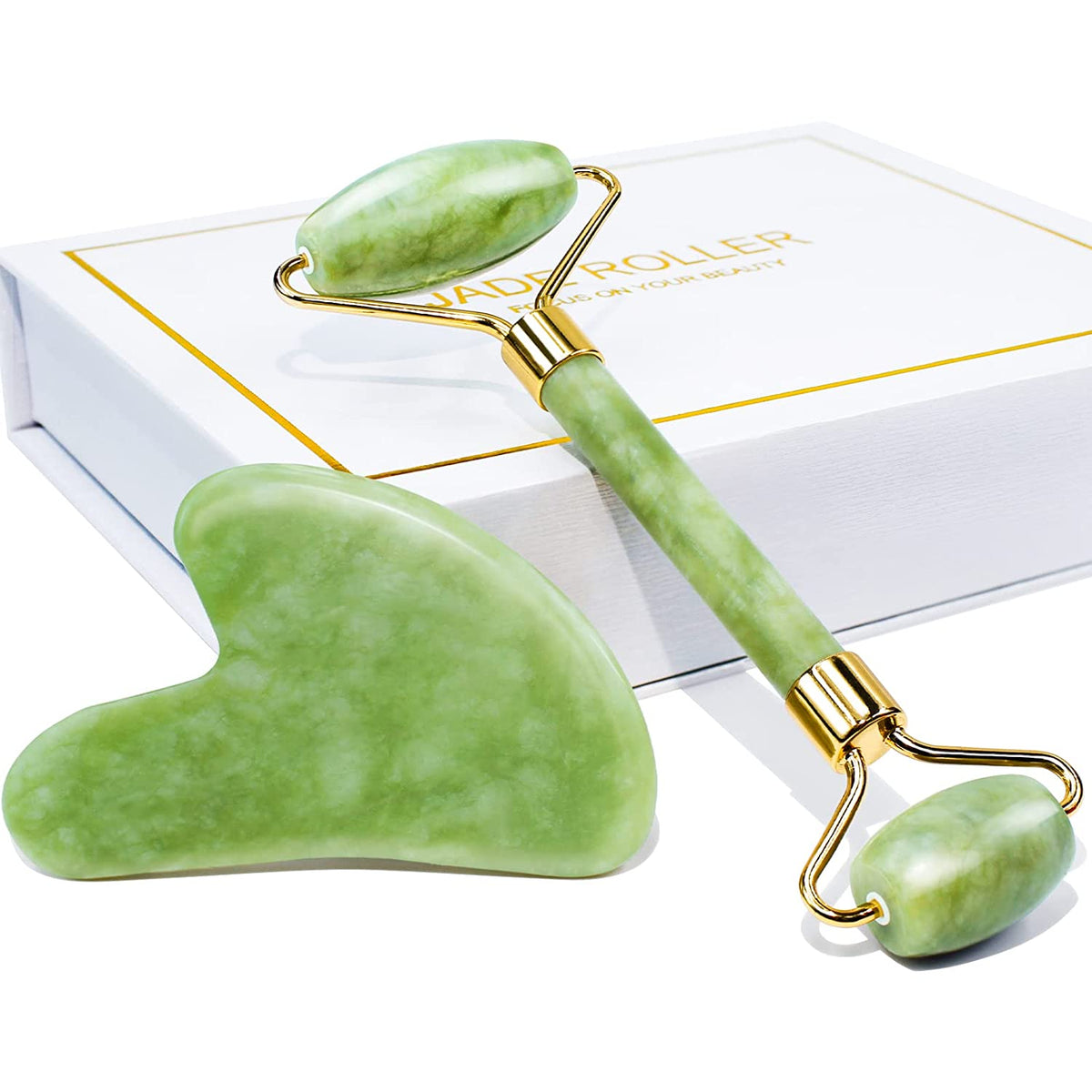 Caja de regalo con rodillo de jade y gua sha
