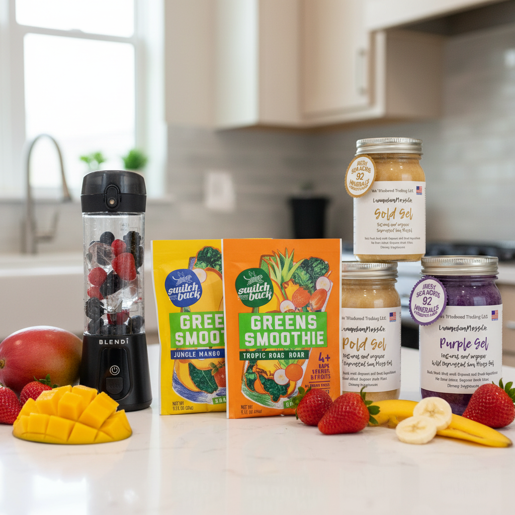 Organic Pure Sea Moss Gel Bundle Gold Purple Full Spectrum with Switchback Greens Smoothie Variety Pack and BLENDi Pro+ Portable Blender on a kitchen counter — Daily Health & Beauty
