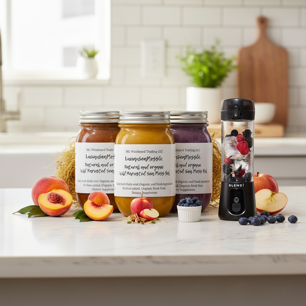 Organic Fruit Infused Country Fields Sea Moss Gel Bundle Apple Cinnamon Peach Blueberry with BLENDi Pro+ Portable Blender on a kitchen counter — Daily Health & Beauty
