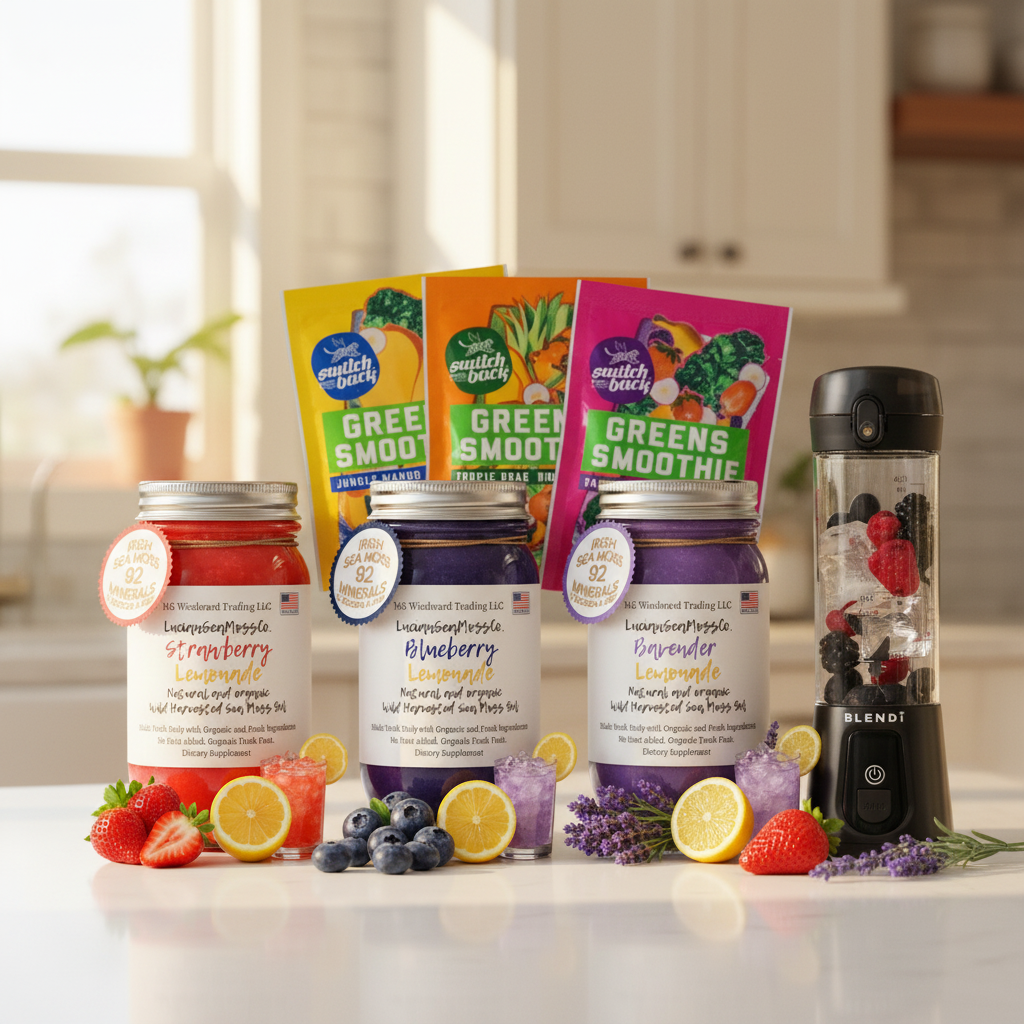 Organic Sunshine Lemonade Sea Moss Gel Bundle Strawberry Blueberry Lavender with BLENDi Pro+ Ice Crushing Portable Blender and Switchback Foods Greens Smoothie Variety Pack on a kitchen counter — Daily Health & Beauty
