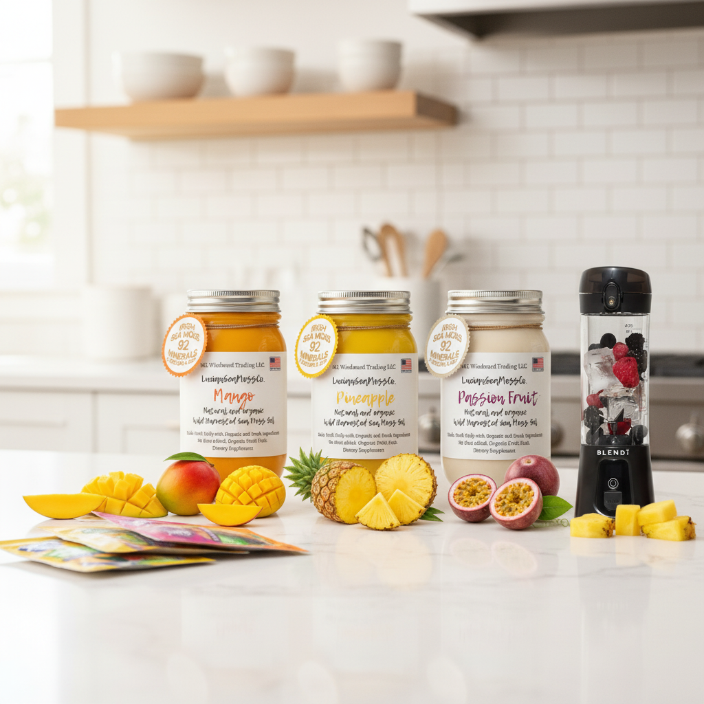 Organic Tropical Paradise Sea Moss Gel Bundle Mango Pineapple Passion Fruit with BLENDi Pro+ Ice Crushing Portable Blender and Switchback Foods Greens Smoothie Variety Pack on a kitchen counter — Daily Health & Beauty