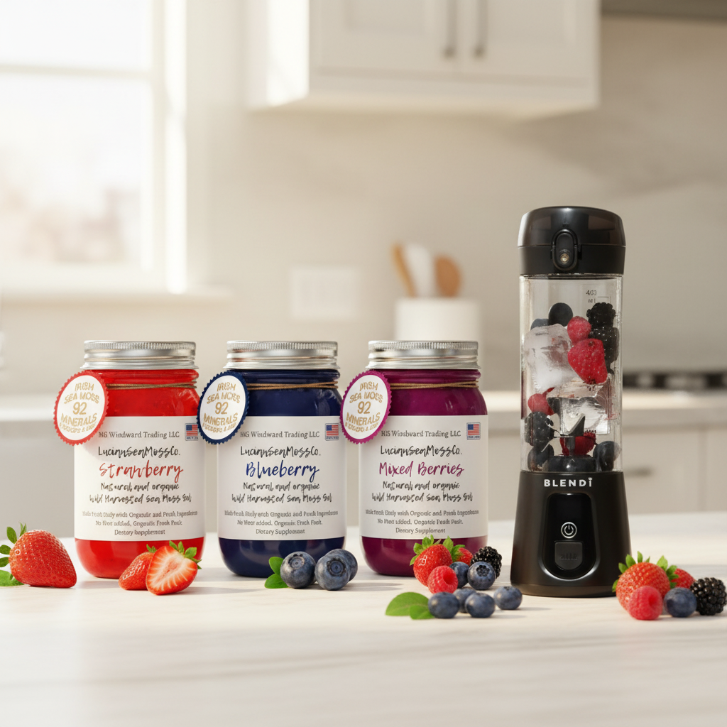 Organic Berry Lovers Sea Moss Gel Bundle Strawberry Blueberry Mixed Berries with BLENDi Pro+ Ice Crushing Portable Blender on a kitchen counter — Daily Health & Beauty